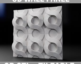 May include: A 3D printable wall panel design with a repeating pattern of interlocking circles and curves. The panel is tileable, meaning you can use multiple panels to create a larger design. The design is rendered in a light gray color.