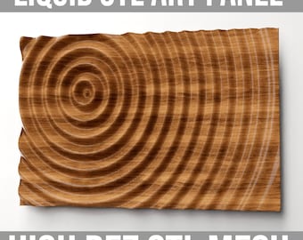 Puede incluir: Un panel de madera impreso en 3D con un patrón de círculos concéntricos que parece líquido. El panel está hecho de una malla STL de alta resolución y está etiquetado como "LIQUID STL ART PANEL" y "HIGH REZ STL MESH".