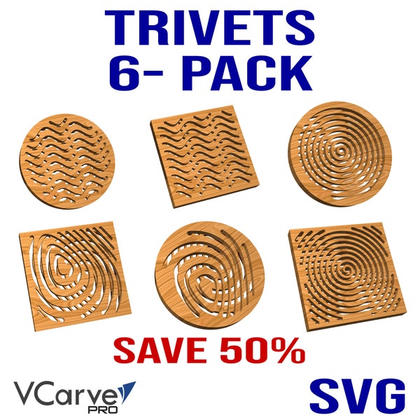 Trivets 6 Pack - Save 50%!  VCarve Pro file vector patterns for CNC Carving Trivet Wood Art Cooking Baking Kitchen Coaster Gift home warming