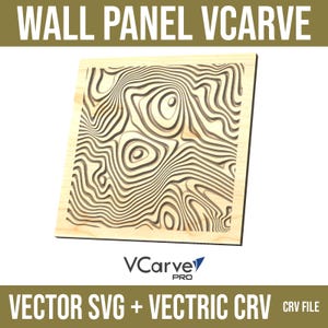 Puede incluir: Panel de pared cuadrado de madera con un patrón tallado en espiral. El panel es de color claro con líneas más oscuras que crean un efecto topográfico. El texto "WALL PANEL VCARVE" está en la parte superior y "VECTOR SVG + VECTRIC CRV" en la inferior.