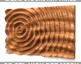 Puede incluir: Un panel de madera impreso en 3D con un patrón de onda líquida. El panel está hecho de madera y tiene un color marrón natural. El panel está diseñado para ser utilizado como elemento decorativo en un hogar u oficina. El panel está hecho con una malla de alta resolución, lo que le da una superficie lisa y detallada. El panel también es ligero y fácil de instalar.  "LIQUID STL CNC ART PANEL" y "3D STL HIGH REZ MESH" están impresos en la imagen.