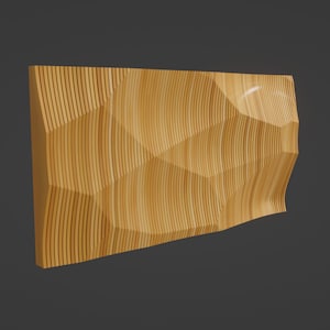 May include: A large, rectangular wall panel made of thin, wooden slats arranged in a wavy pattern. The slats are a light brown colour and create a textured, three-dimensional effect.