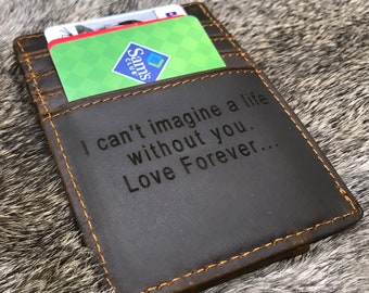 Personalized Leather Front Pocket Wallet, Magnetic Money Clip, Men's Gift
