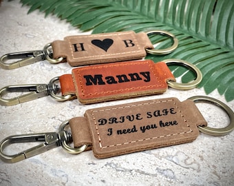 Personalized Leather Keychain, Engraved Rustic Bronze Clasp