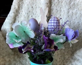 Teal and Purple Easter Centerpiece, with purple eggs and an Easter Bunny