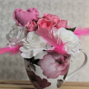 Shabby Chic Floral Arrangement, Vintage Teacup, Roses, Feathers, Felt Heart
