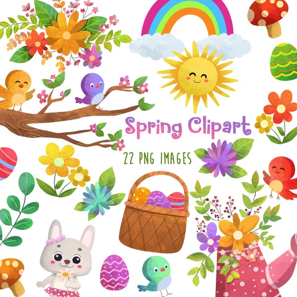 spring watercolor clipart, Rainbow Flowers clipart, spring flowers, Easter clipart, baby nursery clipart, Easter bunny png, Spring png