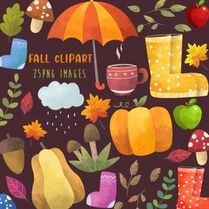 Watercolor Autumn clipart, Watercolor fall clipart, Autumn fall png, Instant Download, Commercial use, Orange Yellow Leaves, Pumpkin