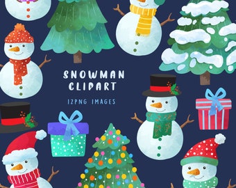 Snowman clipart, Watercolor Snowman clipart, Christmas clipart, Holiday clipart, Merry Christmas clipart, Christmas Tree, Commercial use