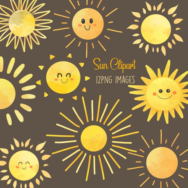 Sun clipart, Watercolor sun clipart, Digital Sun clipart, summer clipart, vacation, Yellow Orange sun, summer sun, sunny, instant download
