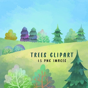 Clipart dell'albero dell'acquerello, clipart delle colline, download dell'ambiente, clipart degli alberi di pino, download istantaneo, campo erboso, cielo blu, colline, alberi