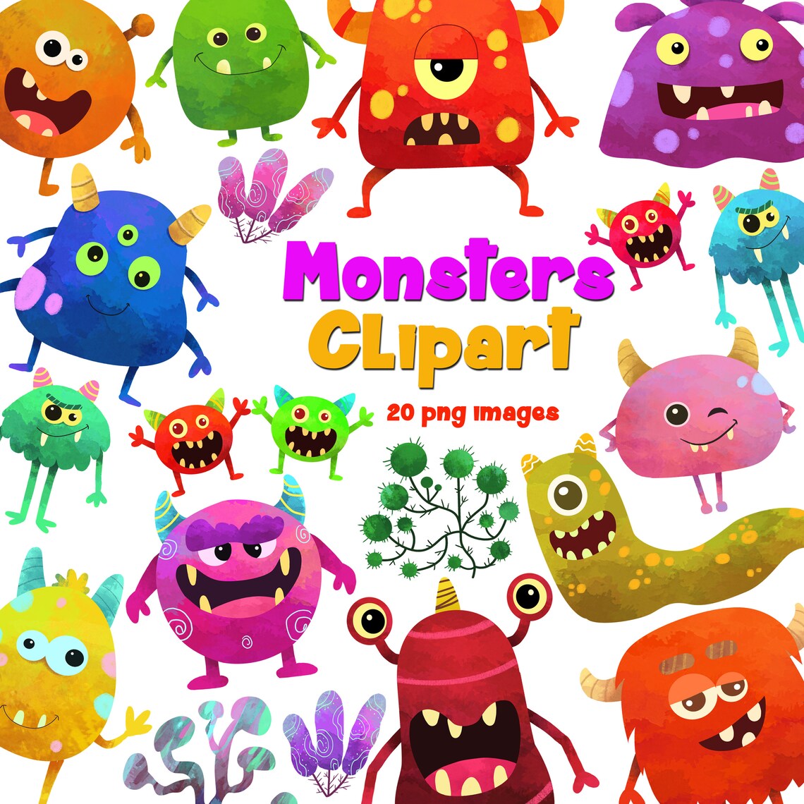Monster Clipart, Cute Monster Clipart, Instant Download, Watercolor ...