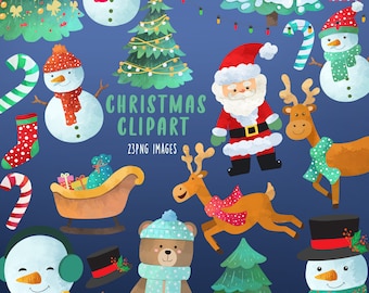 Christmas Clipart, Watercolor christmas clipart, Snow man clipart, Christmas tree clipart, Santa, Christmas tree png, Merry Christmas