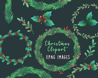 Wreath Clipart, Christmas Wreath Clipart, Winter clipart, Watercolor christmas clipart, Watercolor Wreath Clipart, Holiday clipart