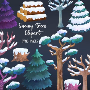 clipart d'arbres enneigés aquarelle, clipart arbres enneigés, clipart hiver, clipart vacances, clipart arbre de Noël, clipart Nature, arbres png