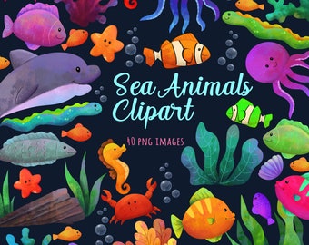 Akvarell havsdjur clipart, akvarell clipart djur, hav clipart, delfin, fisk, sjöstjärna, havsliv clipart, havsdjur nedladdning