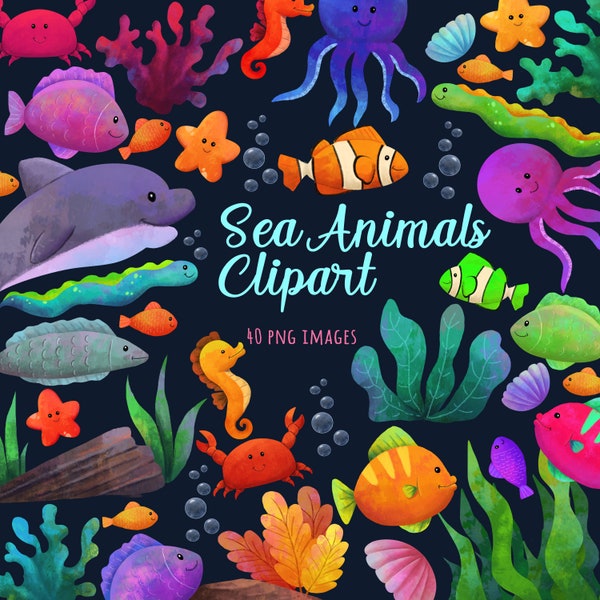 Watercolor sea animals clipart, watercolor clipart animal, ocean clipart, dolphin, fish, starfish, ocean life clipart, sea animals download