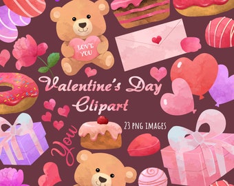 Clipart di San Valentino carino, png di San Valentino, clipart amore, clipart acquerello di San Valentino, rose romantiche, cuori, clipart amore acquerello