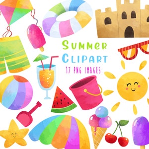 Summer clipart, watercolor summer clipart, seasonal clipart, Summer clipart png, Commercial use, Instant download, Sunglasses, Ice cream