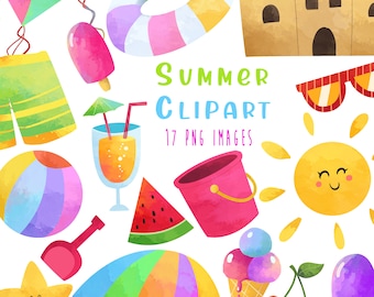 Summer clipart, watercolor summer clipart, seasonal clipart, Summer clipart png, Commercial use, Instant download, Sunglasses, Ice cream