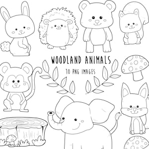 Animales del bosque, Sello digital de animales del bosque, Imágenes prediseñadas de arte lineal, Zorro, Conejo, Ardilla, Oso, Erizo, Imágenes prediseñadas de animales png