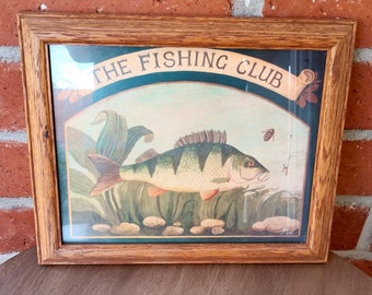 The Fishing Club Sign Print Wood Framed Vintage Retro Folk Art Fish Sign Hook Father's Day Gift for Fisher Great for Man Cave, Hunting Lodge