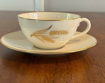 Flat Cup & Saucer Set Wheat by LENOX Vintage Golden Cup Plate Nature Farmhouse