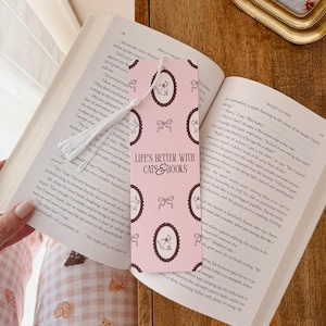 Cats & Books Bookmark With Tassel | Pink Bookmark | Cute Bookmarks | Girly Bookmark | Cat Lover Bookmark | Stocking Stuffer For Book Lover