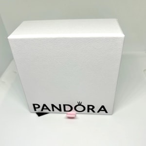 May include: A white textured box with the word "PANDORA" printed in black, along with a crown logo. A small pink tab is visible at the bottom of the box.