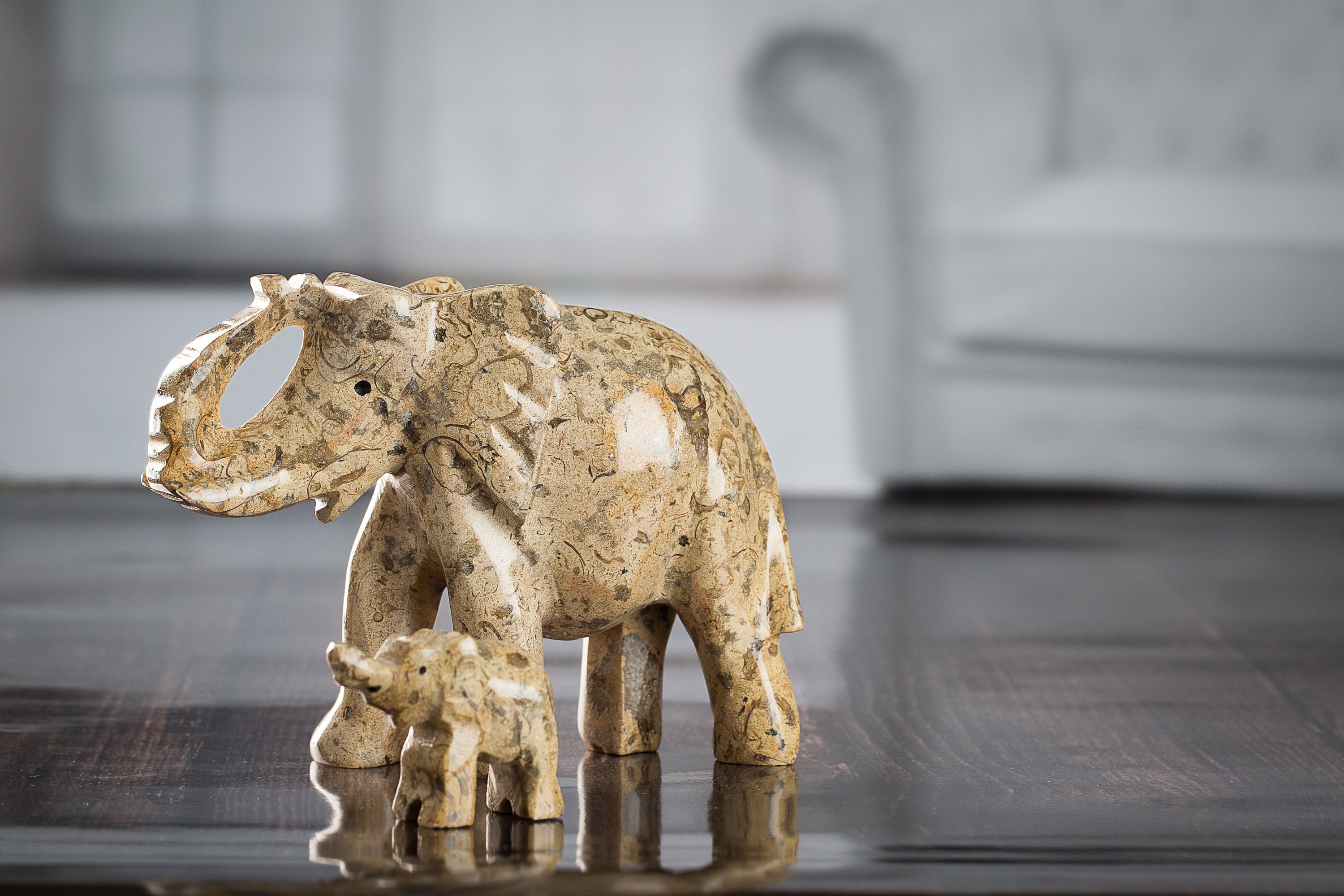 Deux Figurines d'éléphant Fossiles en Marbre Fabriquées à La Main, 3 et 6 Pouces, Statue Fossile, Sc