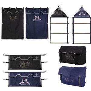 May include: A set of horse stable accessories including a black and blue stable curtain, a black and blue stable divider, a black and blue saddle rack, a black and blue saddle bag, and a blue and black saddle bag with the text "BHF" and "Team Brook Hill Farm" embroidered on them.