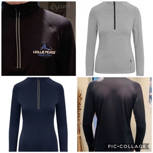 May include: Several long-sleeved athletic shirts with quarter-zip necklines. The shirts are in black, grey, and navy blue. One black shirt has the text "HOLLIE PEARCE EQUESTRIAN". The shirts are designed for a slim fit and are suitable for sports.