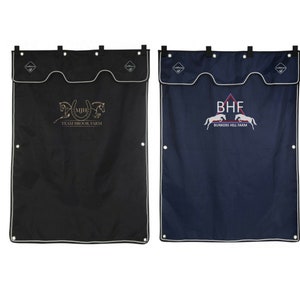 May include: Two black and navy blue stable fronts with white piping. The black stable front has a gold horseshoe and two horses with the text "Team Brook Farm". The navy blue stable front has a red and white triangle with the text "BHF Bunkers Hill Farm" and two white horses.
