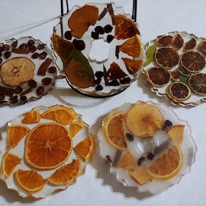Autumn Resin coasters with dehydrated fruits, spices and leaves