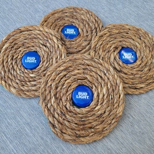 Upcycled Bud Light beer cap rope wrapped coaster