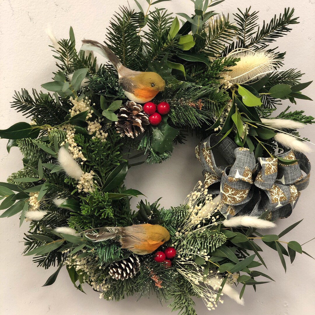 Christmas Fresh Foliage Door Wreath Little Robin Red Breast Etsy UK