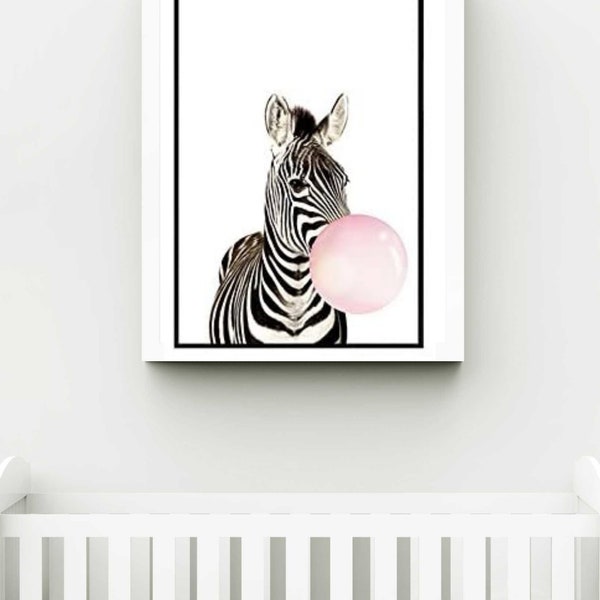 Zebra Blowing Bubblegum, Nursery Digital Wall Art