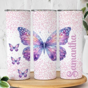 Personalized Purple Butterfly Tumbler: Glitter Accent, Butterfly Lover Gift