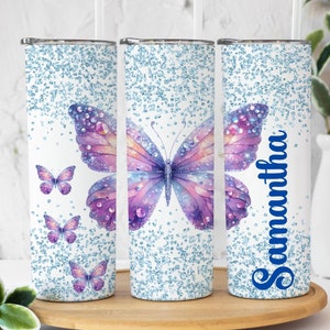 Personalized Purple Butterfly Tumbler: Glitter Accent, Butterfly Lover Gift