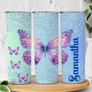 Personalized Purple Butterfly Tumbler: Glitter Accent, Stainless Steel