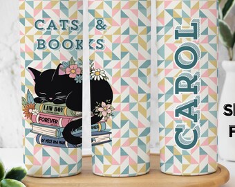 Personalized Cats and Books Tumbler: Book Lover Travel Cup