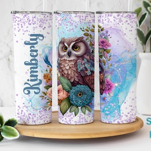 Personalized Floral Owl Name Tumbler, Floral Owl Tumbler, Custom Owl Gift, Owl Lover Gift, Floral Name Owl Tumbler, Watercolor Tumbler Cup