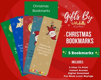 May include: A collection of five Christmas-themed bookmarks. Each bookmark features festive designs, including Santa Claus, ornaments, and holiday sayings. The bookmarks are in various colors, including green, blue, and red.