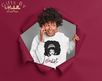 Women Over Size Sweatshirt, Crewneck Sweatshirt, Sweatshirts for Women, Sweatshirts Hoodies With Expressions, Queen Afro Woman