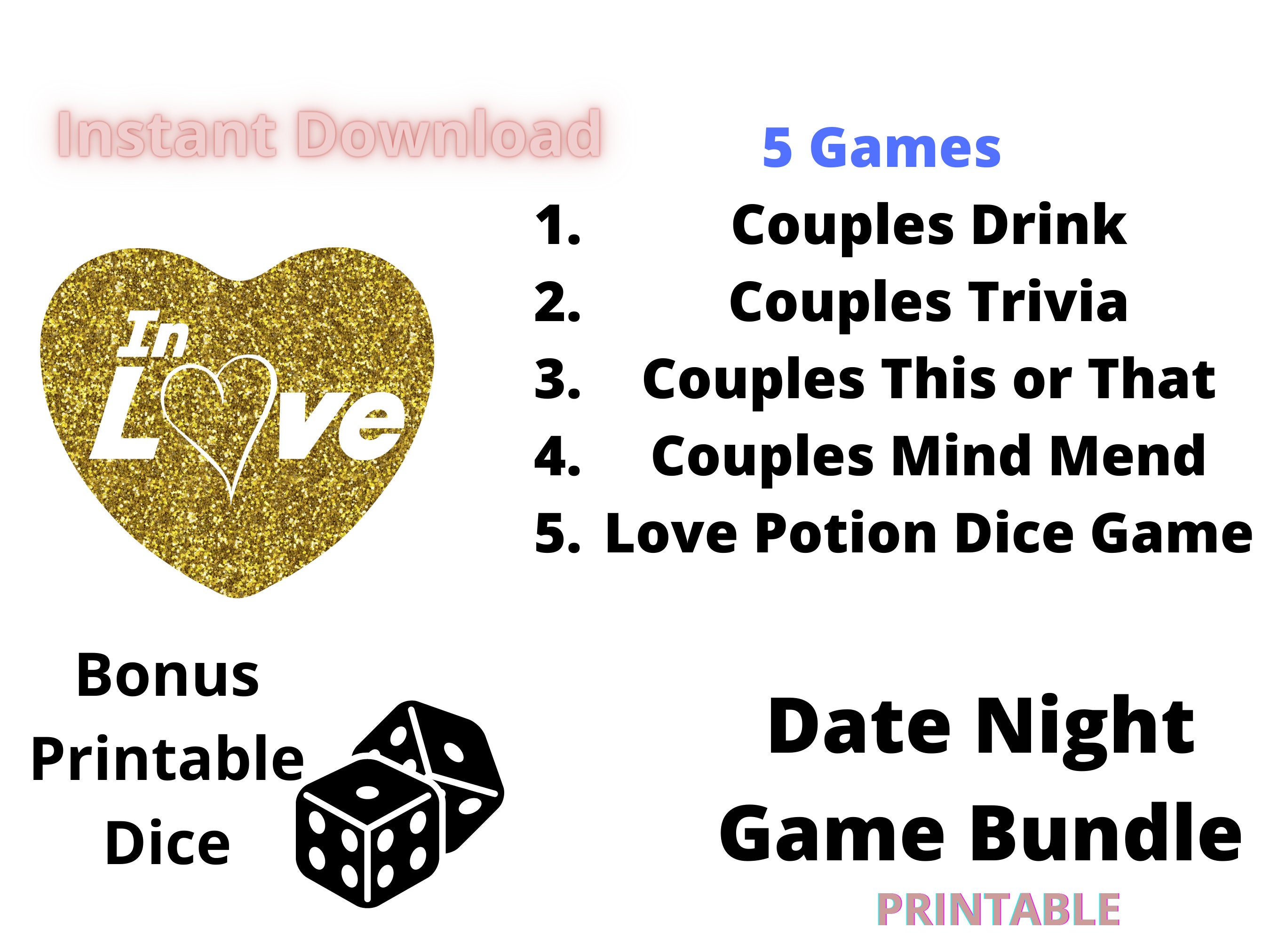 Couple Games Printable, Date Night Games, Dice Set Included, Anniversary  Games for Couples, Valentines Day Party Games, Couples Gift Ideas 