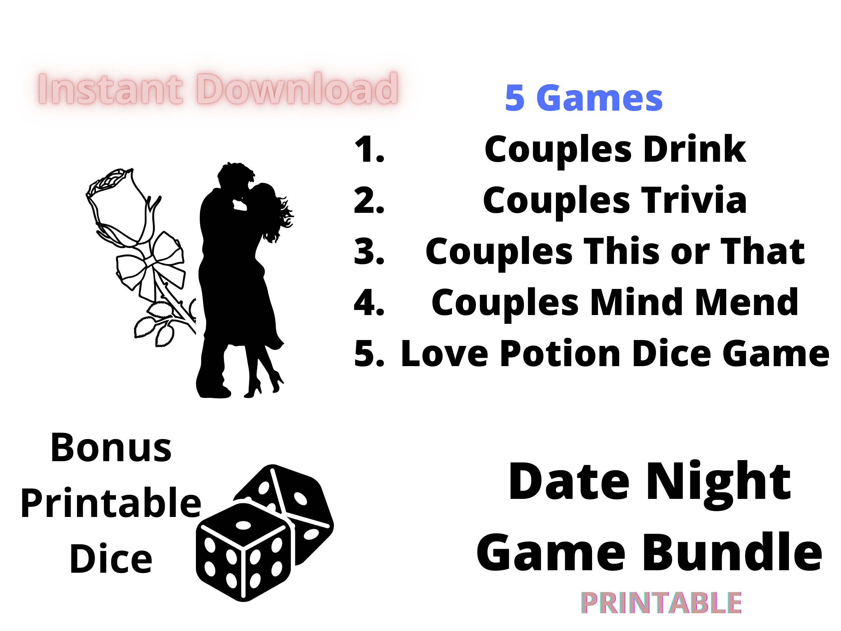 Printable Couple Games Bundle and Dice I Date Night Games for 