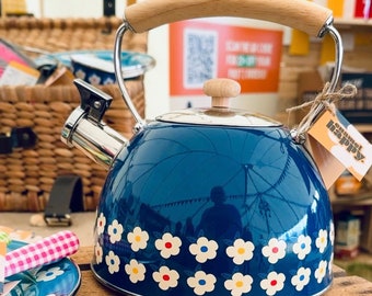 2.5L Whistling Kettle Stainless Steel Midnight Navy Blue Floral Tea Pot - Beautiful Home Gift Mothers Her Unique Idea Enamelhappy