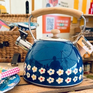 2.5L Whistling Kettle Stainless Steel Midnight Navy Blue Floral Tea Pot Beautiful Home Gift Mothers Her Unique Idea Enamelhappy image 1