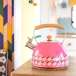 Bouilloire sifflante 2,5 L, théière en acier inoxydable rose rose, cadeau unique coloré, son printemps kitsch, camping nostalgie, maison émaillée, heureuse
