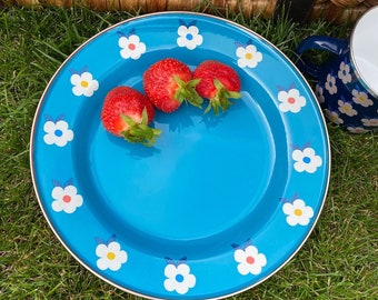 Retro Floral Enamel Plate | Ocean Teal Blue, Steel Core, Durable Outdoor Dining